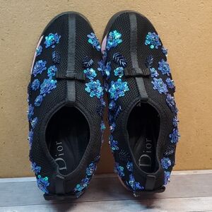 Dior Black Fusion Slip-On Sneakers with Blue Sequin Floral Embellishment Size 36